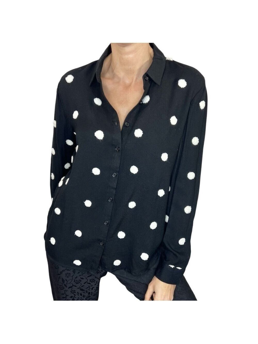 Alexander Jordan black raised white textured polka dot long sleeve blouse S